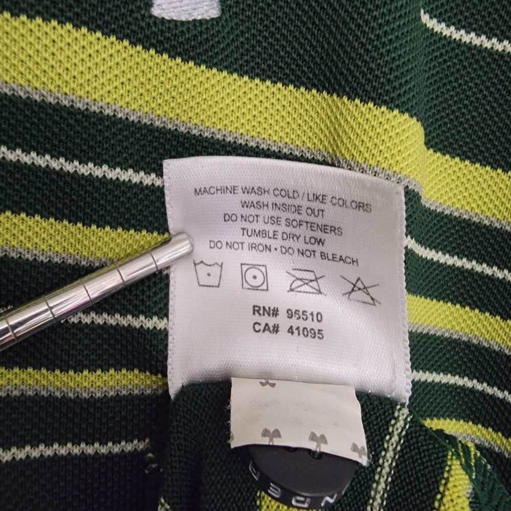Under Armour Polo Shirt Mens Large Green Yellow Striped Performance Golf Logo - Picture 7 of 11